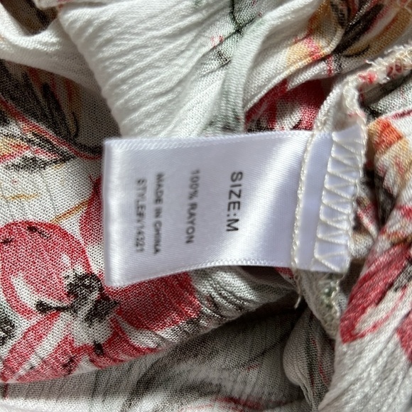 White floral linen pants elastic waist & pockets size medium red & orange - Picture 8 of 13